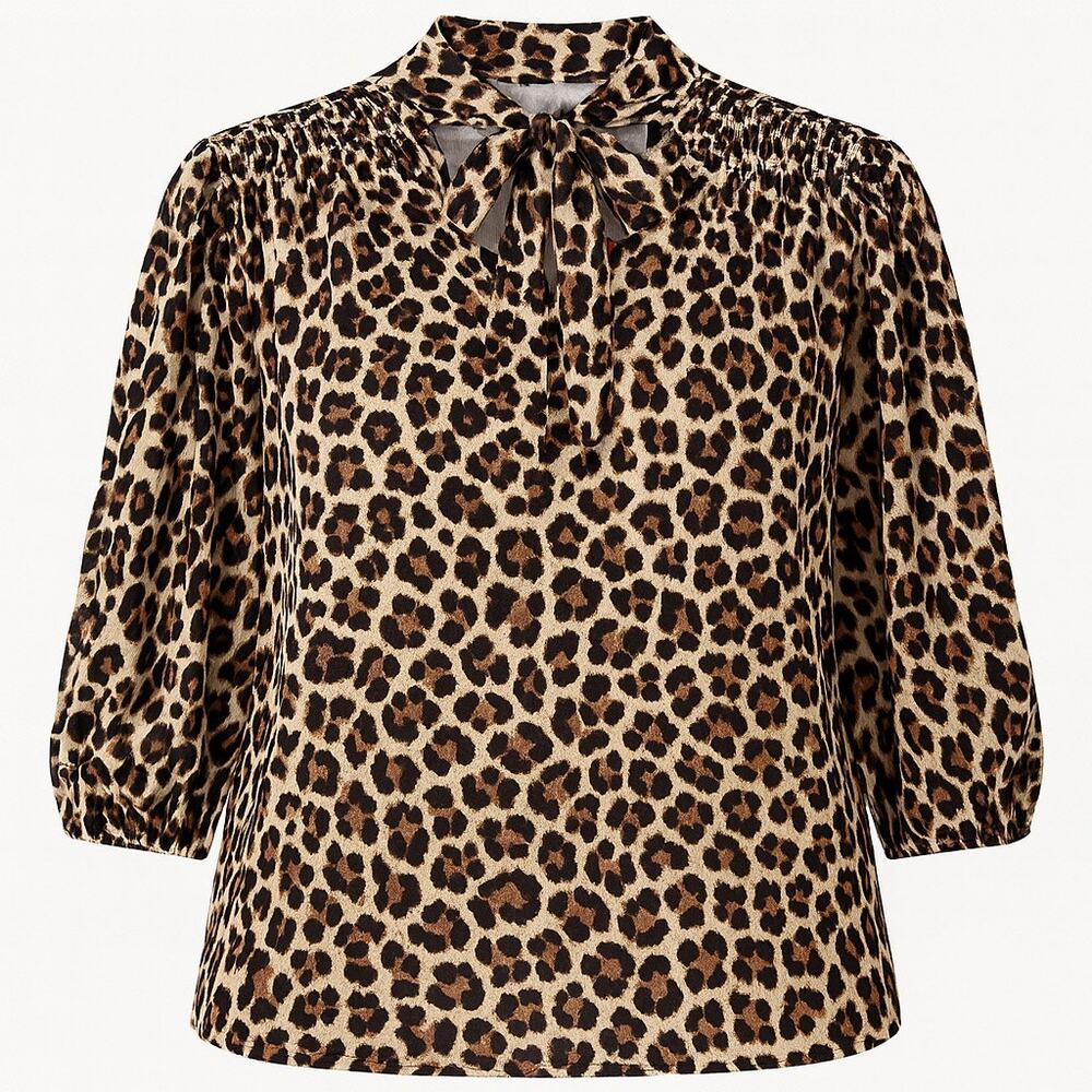 By Design Leopard Print Bow Tie Blouse 3X – Ruched‎ Sleeves, Chic Pullover Style